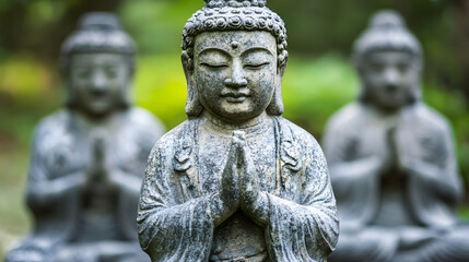Three Stone Buddha Statues in a Peaceful Garden Representing Meditation and Harmony : Generative AI
