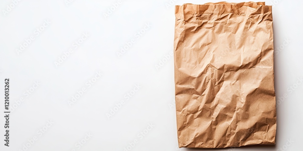 Aufkleber wrinkled brown paper bag positioned on the left against a clean white background emphasizing texture