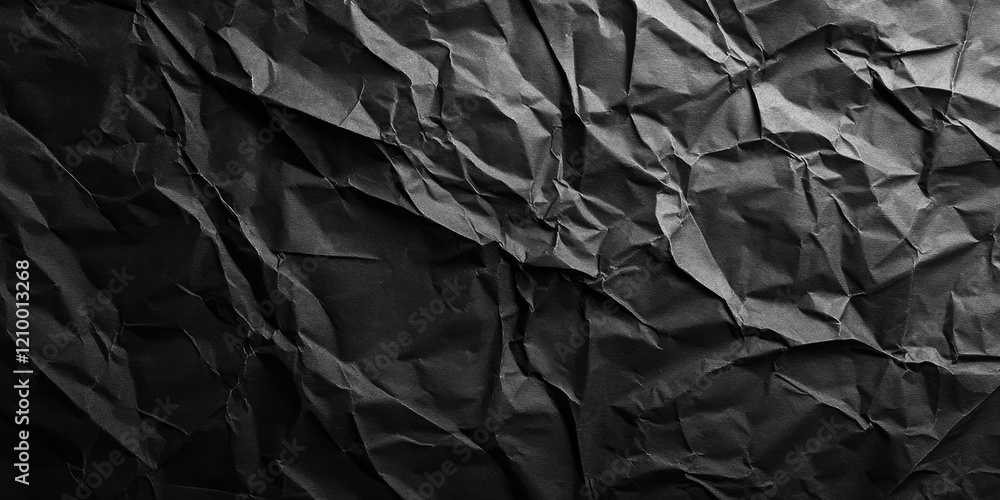 Poster crumpled black paper texture with deep folds and wrinkles creating a rich grunge background ideal fo