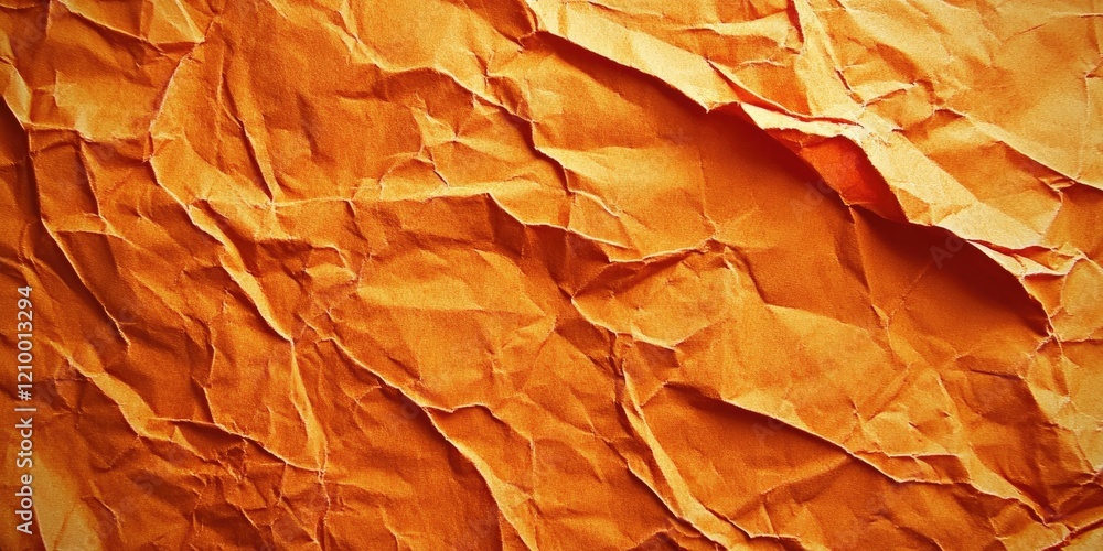 Poster crumpled orange paper texture with deep wrinkles and shadows creating a grunge appearance showcasing