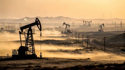 Fossil fuel oil demand. Oil pumps silhouetted against a hazy sunset, creating an industrial landscape.