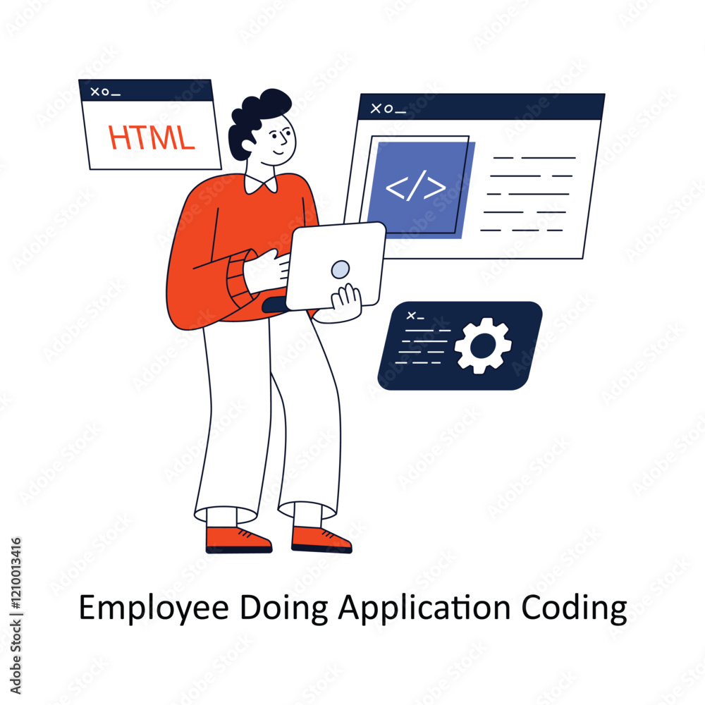 Poster employee doing application coding flat style design vector illustration. stock illustration