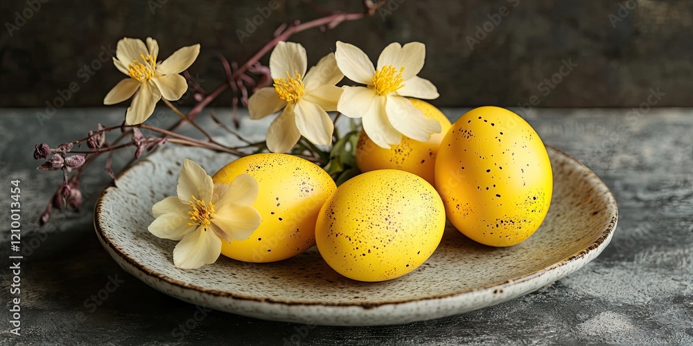 Poster yellow easter eggs with speckles arranged on a textured plate with soft spring flowers in cream posi