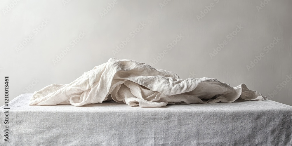 Poster wrinkled white napkin draped over a table on a light neutral backdrop with soft shadows creating a s