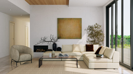 Large luxury modern bright interiors Living room mockup illustration 3D rendering image