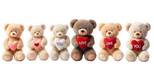row of six teddy bears. each holding a heart with affectionate messages the bears vary in color. with some showcasing the words you. love. and you on their hearts this arrangement conveys a message of