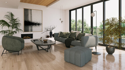 Large luxury modern bright interiors Living room mockup illustration 3D rendering image