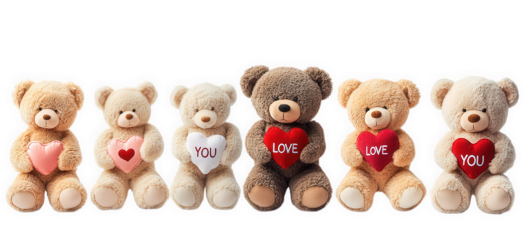 row of six teddy bears. each holding a heart with affectionate messages the bears vary in color. with some showcasing the words you. love. and you on their hearts this arrangement conveys a message of