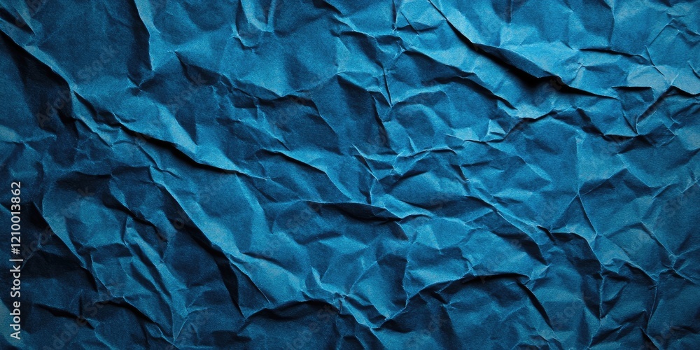 Poster crumpled blue paper texture with deep folds and shadows providing a rustic backdrop ideal for design