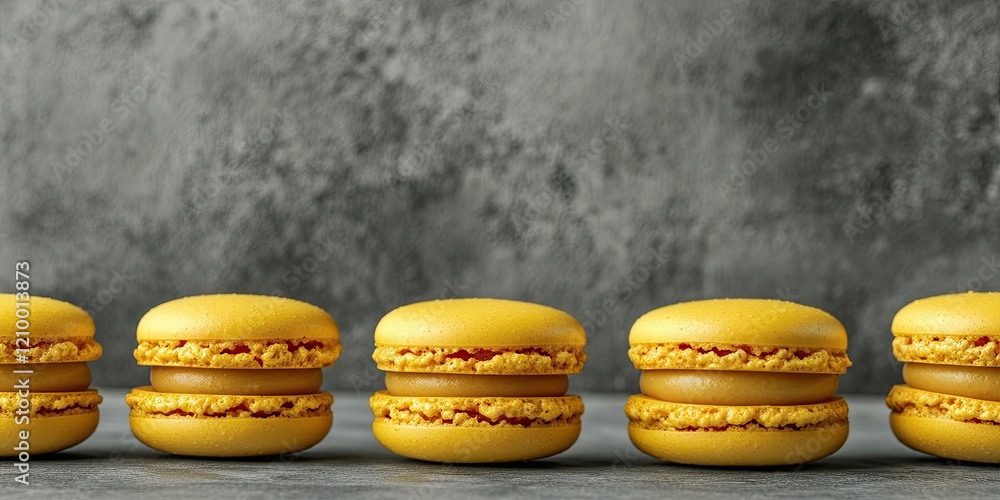 Poster yellow macarons aligned in a row against a textured gray concrete background with ample empty space 