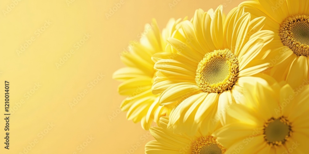 Poster vibrant yellow flower bouquet against a soft yellow background creating ample copy space on the righ
