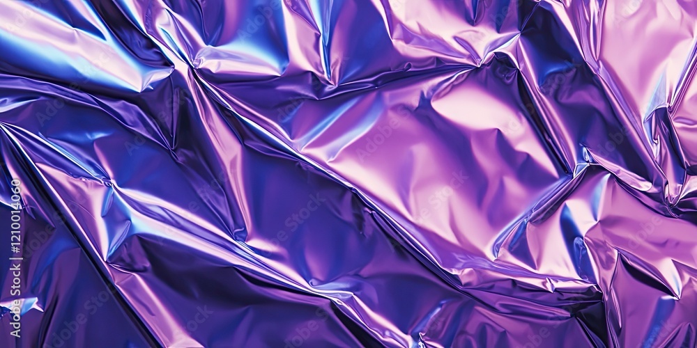 Poster crinkled purple and blue holographic plastic texture with reflective sheen and intricate folds creat