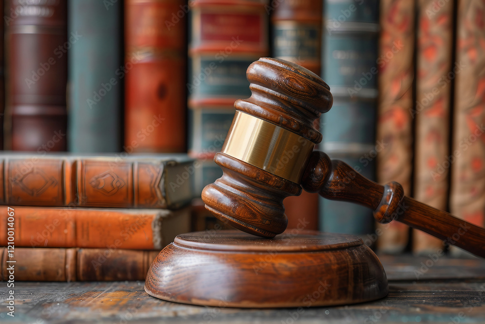 Poster designed with generative ai image of wooden gavel in a courthouse