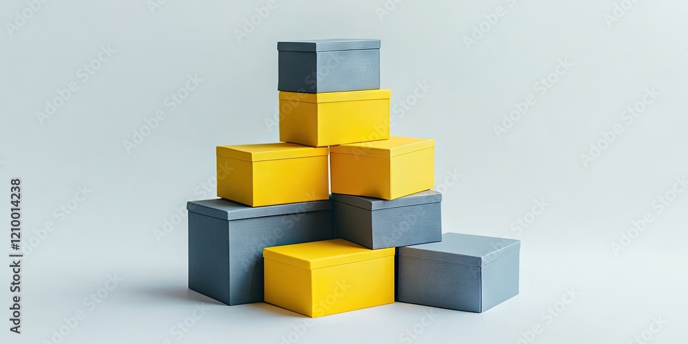 Poster geometric arrangement of yellow and grey boxes stacked on a soft white background showcasing minimal