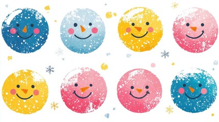 Cute Simple Illustration of Round Smiling Snowmen in Various Colors with Charming Expressions and Snowflakes