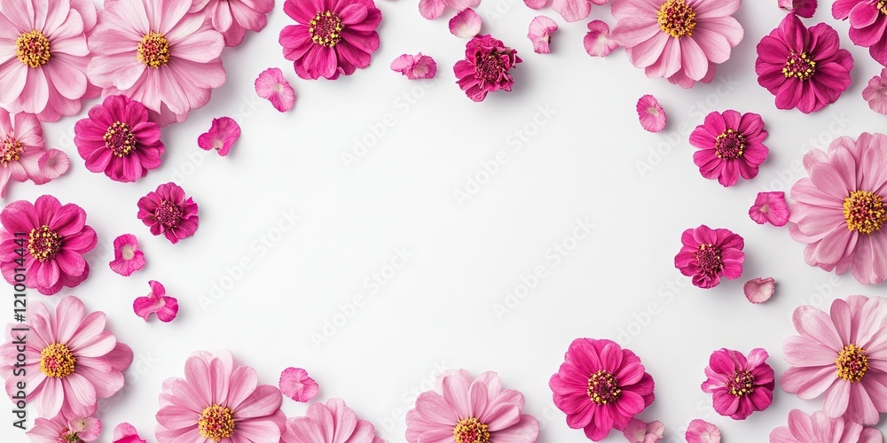 Poster vibrant pink zinnia flowers elegantly frame a white background with scattered petals creating a sere