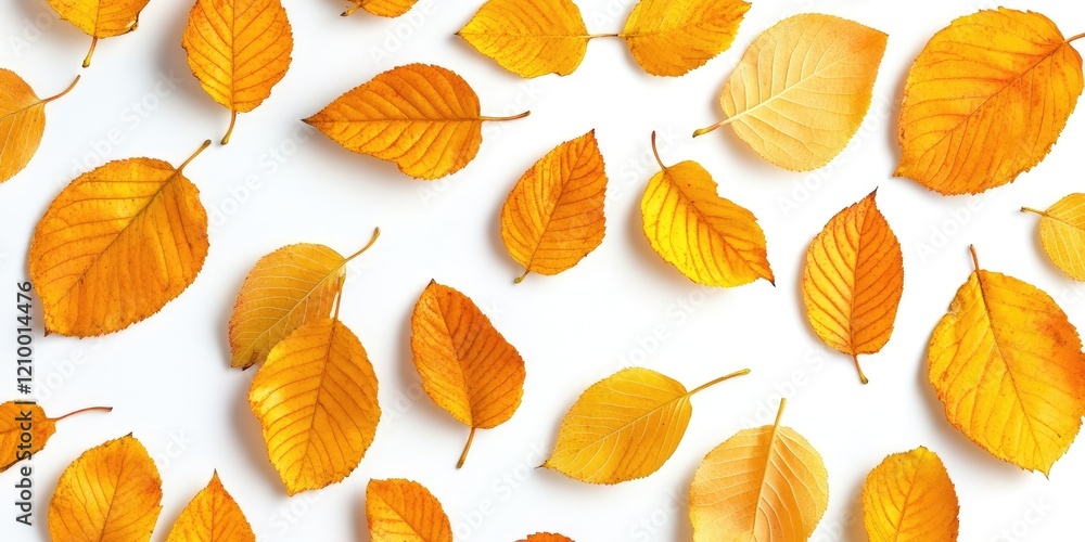 Poster autumn leaves in various shades of yellow scattered randomly on a clean white background creating a 
