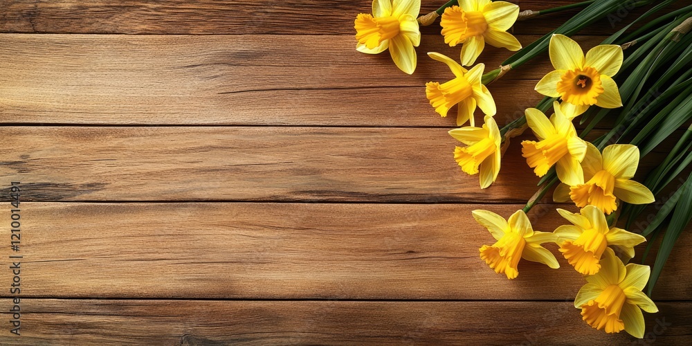 Poster bright yellow daffodils beautifully arranged on a rustic wooden table with ample empty space on the 