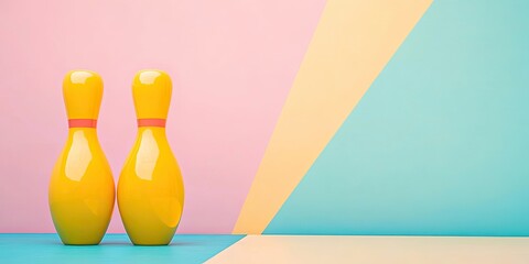 Colorful yellow bowling pins positioned centrally against a pastel pink and blue background with geometric shapes providing ample space for text.