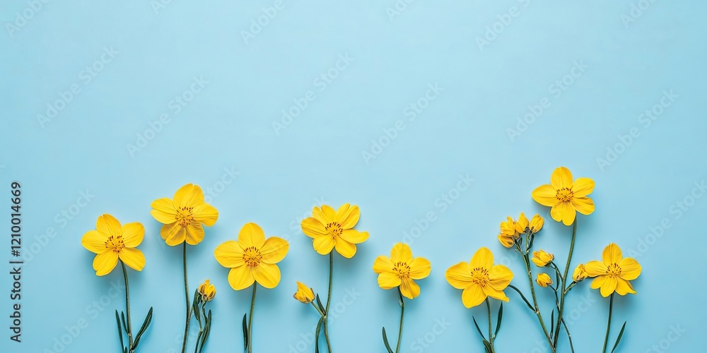 Poster bright yellow flowers arranged in a line on a light blue background creating a cheerful spring theme
