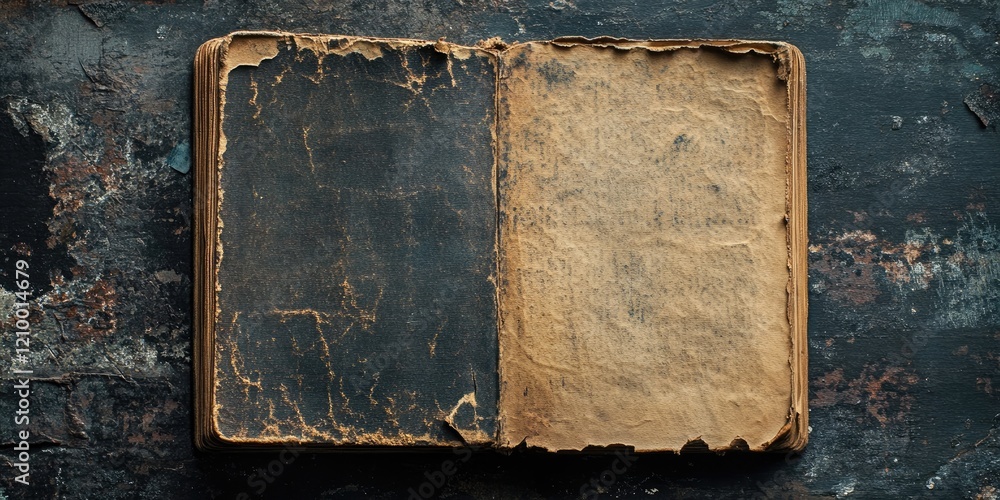 Poster worn vintage book cover with frayed edges and shadows on dark textured background showcasing empty p