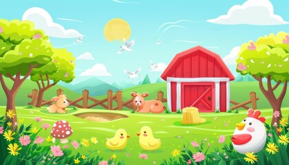 Naklejka premium A cartoon farm scene with a red barn, a chicken, two chicks, a deer, a bunny, a tree, and flowers in a green field.