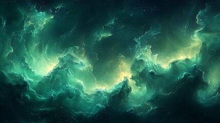 Fototapeta premium Emerald Nebula: A mesmerizing digital rendering of a vibrant emerald nebula, swirling with luminous gases and ethereal glows, creating a breathtaking cosmic landscape. 