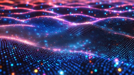 Fototapeta premium Abstract Digital Landscape: A mesmerizing abstract landscape of undulating digital particles, glowing in vibrant hues of pink, blue, and orange.