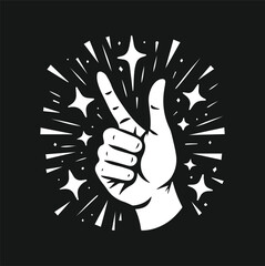 Design A White Silhouette-Style Vector Graphic On A Black Background A Hand Making A Thumbs-Up Gesture.