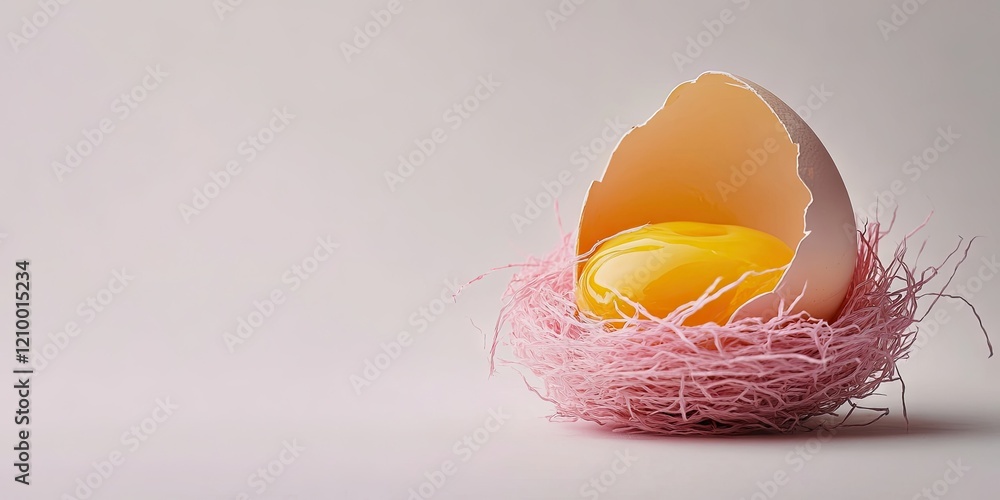 Poster broken eggshell with yellow yolk nestled in a pink sisal nest on a soft minimalist white background 
