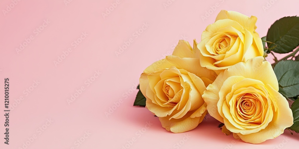 Poster Yellow roses clustered in the lower right corner against a soft pink background with ample space for text on the left side of the image.