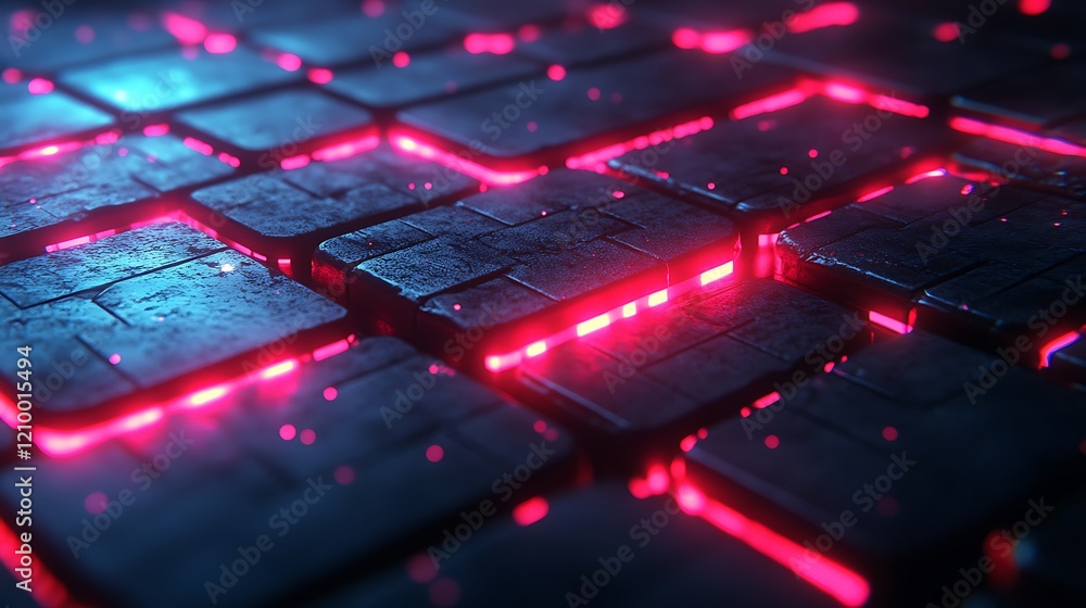 Poster neon grid: a mesmerizing abstract close-up of a futuristic grid, where rows of dark metallic squares