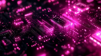 Pink Circuit Board Glow: A close-up shot reveals a circuit board bathed in vibrant pink light, highlighting intricate details and glowing components.