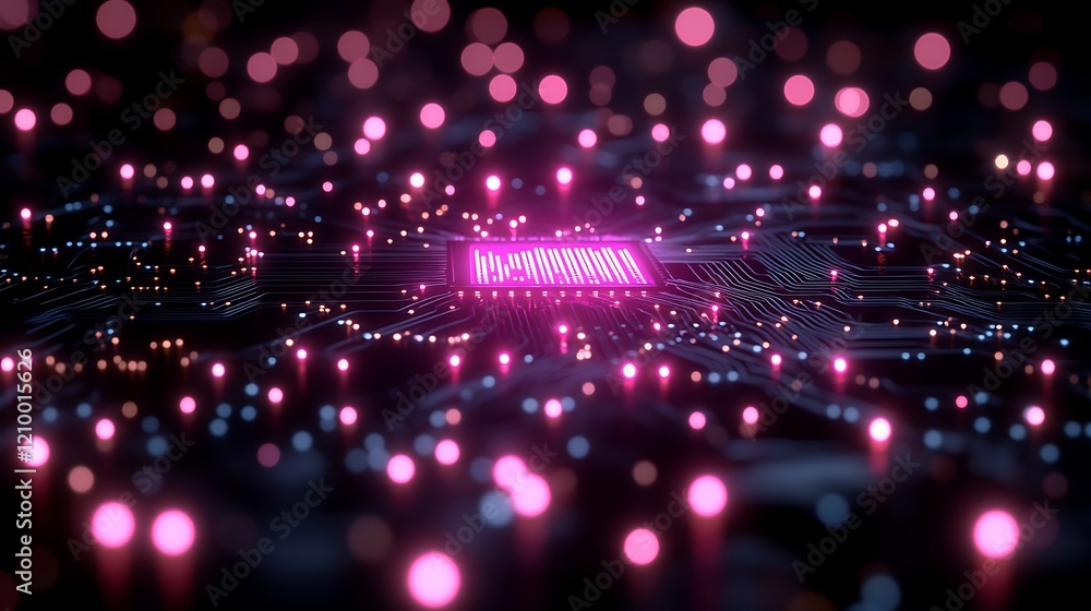 Poster digital pulse: a glowing pink processor chip, a symbol of technological advancement and power, pulse
