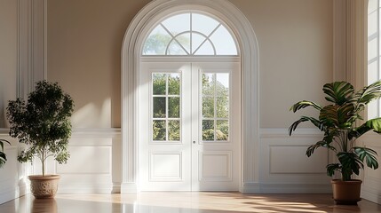 A white door in an empty room with wall paneling and a large window, illuminated by natural light. 