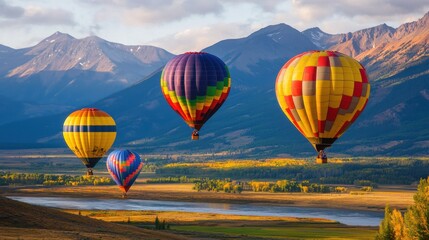 Naklejka premium Majestic Hot Air Balloons Soaring Over Breathtaking Mountainous Landscape at Sunrise