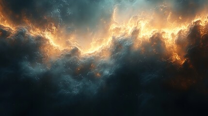 Fototapeta premium Fiery Storm Cloudscape: A dramatic cloudscape image showing a fiery orange and yellow energy surging through dark, ominous clouds. The contrast creates a powerful and intense visual.