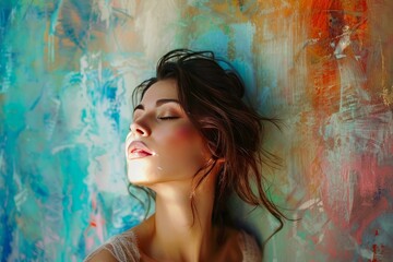 Fashion model with eyes closed and colorful makeup posing against a vibrant, artistic backdrop