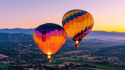 Obraz premium Breathtaking Hot Air Balloons Soaring Over Majestic Mountain Landscape at Vibrant Sunrise or Sunset