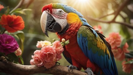 Obraz premium A vibrant parrot perched on a branch surrounded by colorful flowers in a lush setting.