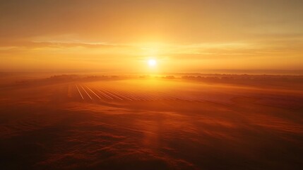 Obraz premium Stunning Sunrise Over Solar Farm with Vibrant Sky and Landscape