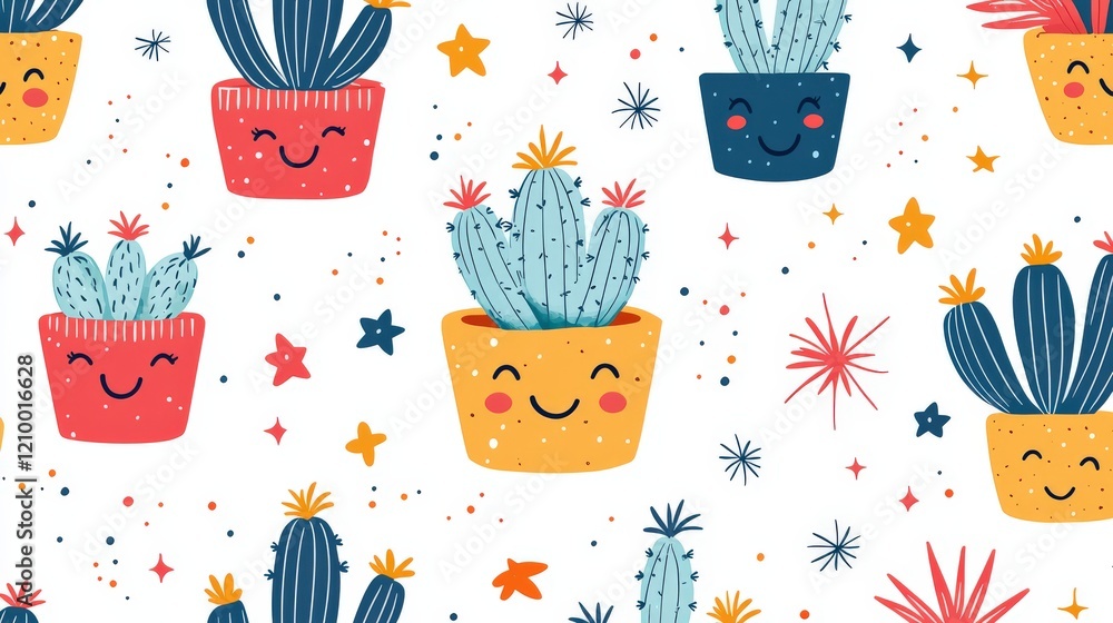 Poster cute and simple illustration of small smiling cacti in vibrant pots with colorful background element