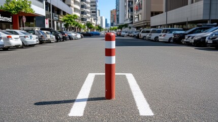 Detailed shot of a red and white parking barrier in a traffic jam, highlighting urban congestion and metal structure