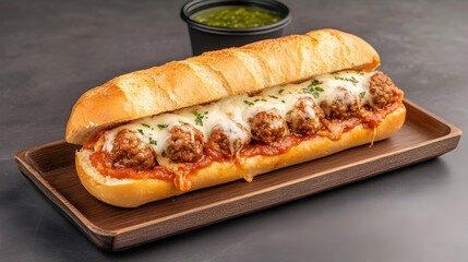 A hearty meatball sub featuring plump, juicy meatballs smothered in marinara sauce and topped with melted cheese