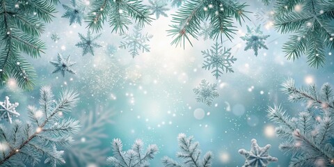 Delicate snowflakes fall gently from a frosty winter sky, suspended in a delicate frame of twigs and evergreen branches , Nature, Frosty Sky