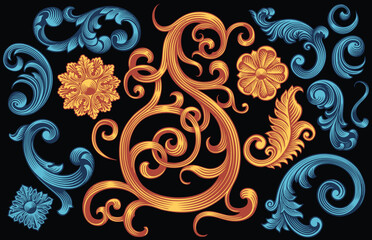 Ornamental pattern elements. Design set. Editable hand drawn illustration. Vector vintage engraving. Isolated on black background. 8 EPS