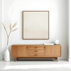 Minimalist interior, wooden sideboard, square framed artwork, neutral colors, ceramic vase with branches, Scandinavian design, clean lines, textured wall, generative ai