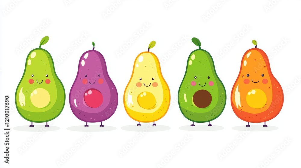 Poster cute simple illustration of smooth smiling avocado characters in various colors and expressions for 