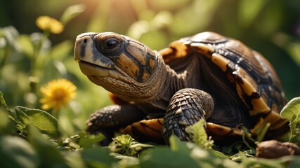 Obraz premium A close-up of a turtle resting on green foliage with sunlight filtering through.