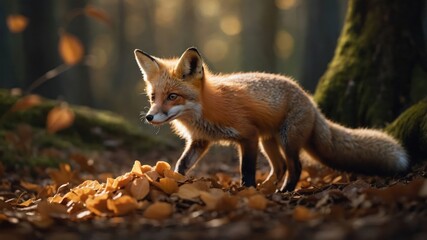 Fototapeta premium A fox exploring a forest floor covered with autumn leaves, illuminated by soft sunlight.